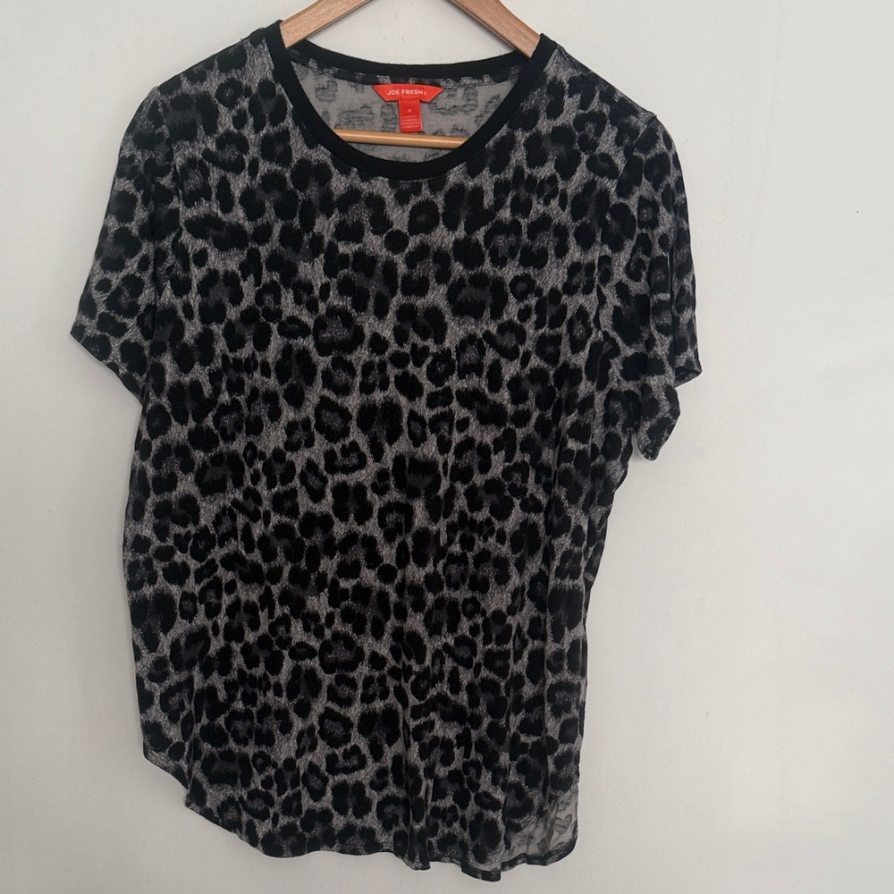 Joe Fresh Women Black Gray Leopard Print Short Sleeves Pullover Top Size 1X